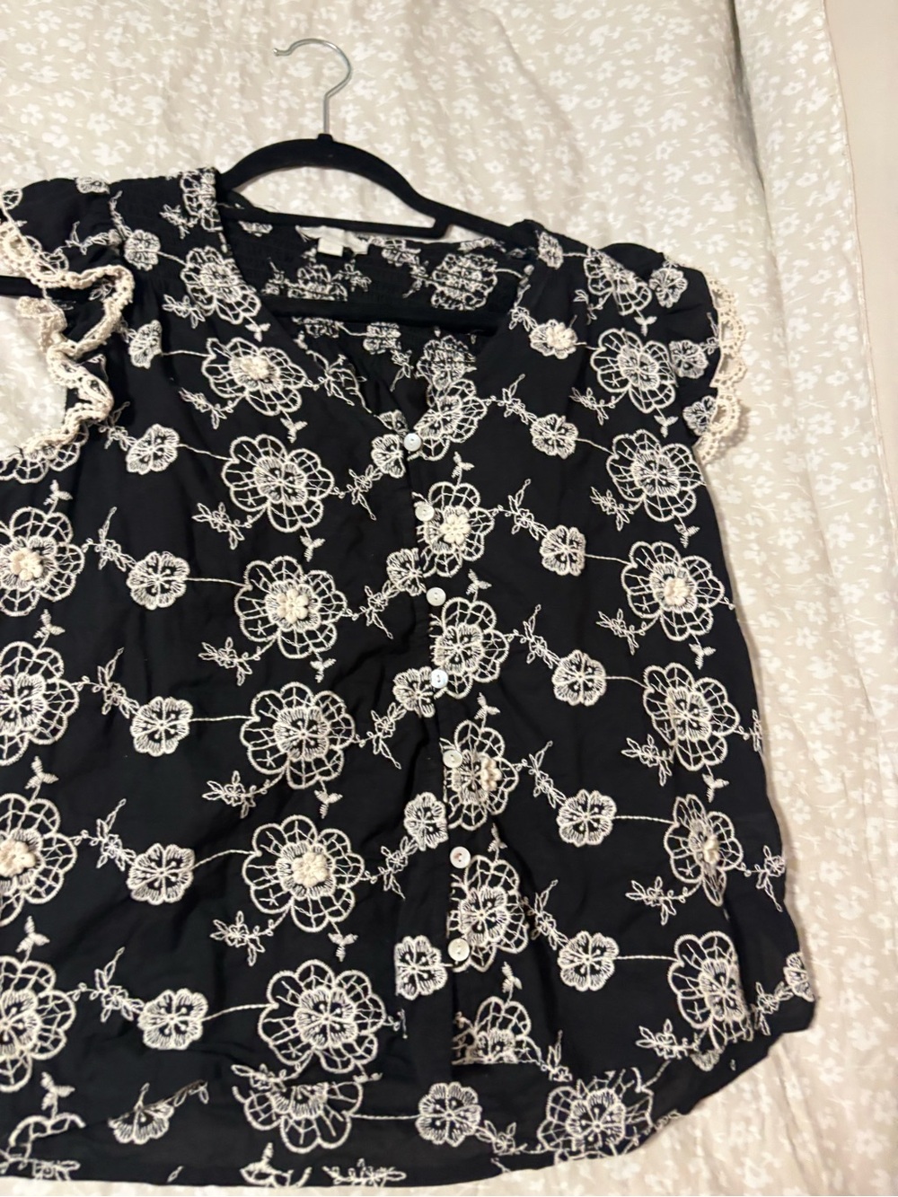 Black Lace-Embroidered Button-Front Women’s Blouse